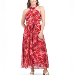 London Times Halter Neck Crossover Front Lined Maxi Dress, Size 8 Red Floral NWT